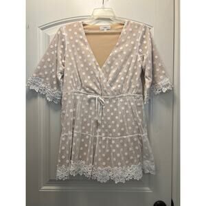 Aeom Women’s V Neck Polka‎ Dots Short Sleeve Lace Trim Romper Size S Beige White